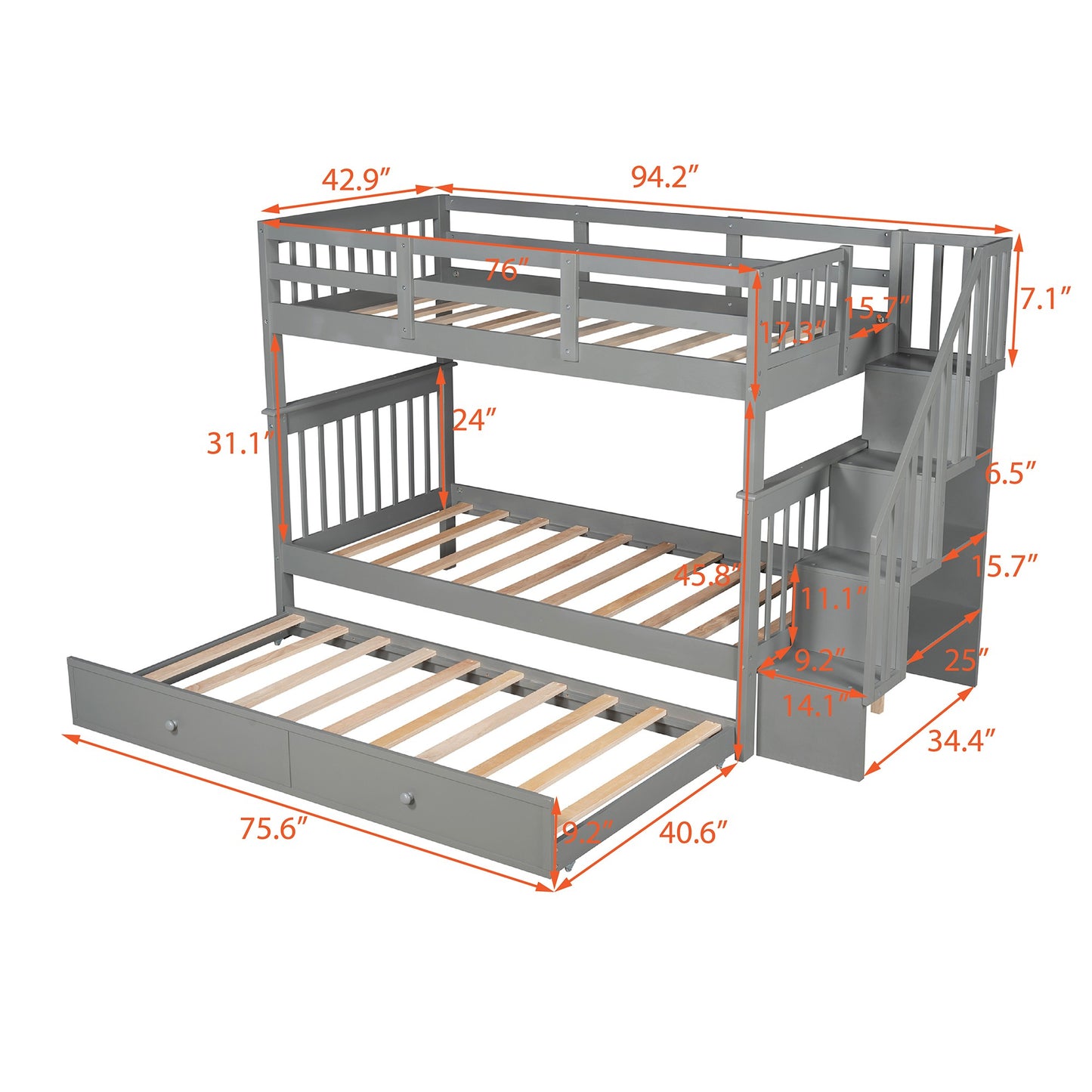 Gray Double Twin Size Stairway Bunk Bed