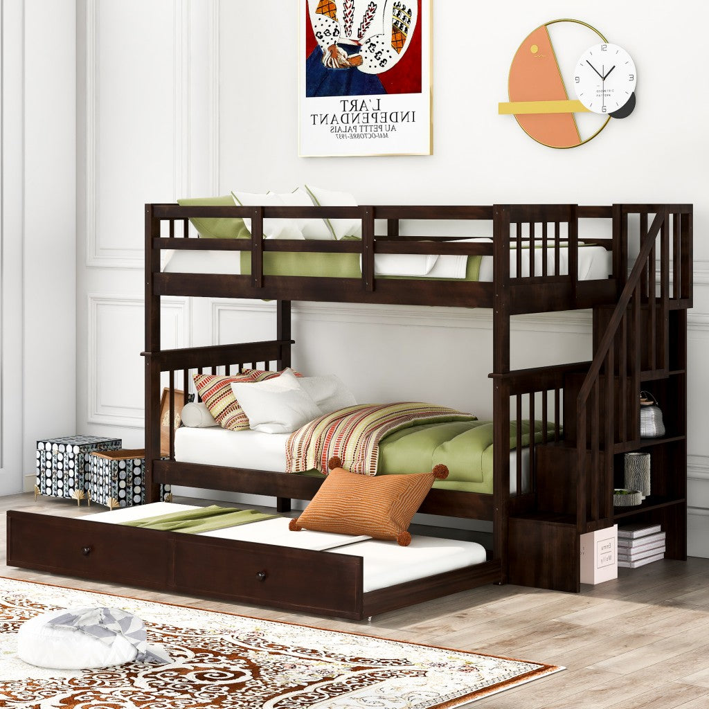 Brown Double Twin Size Stairway Bunk Bed