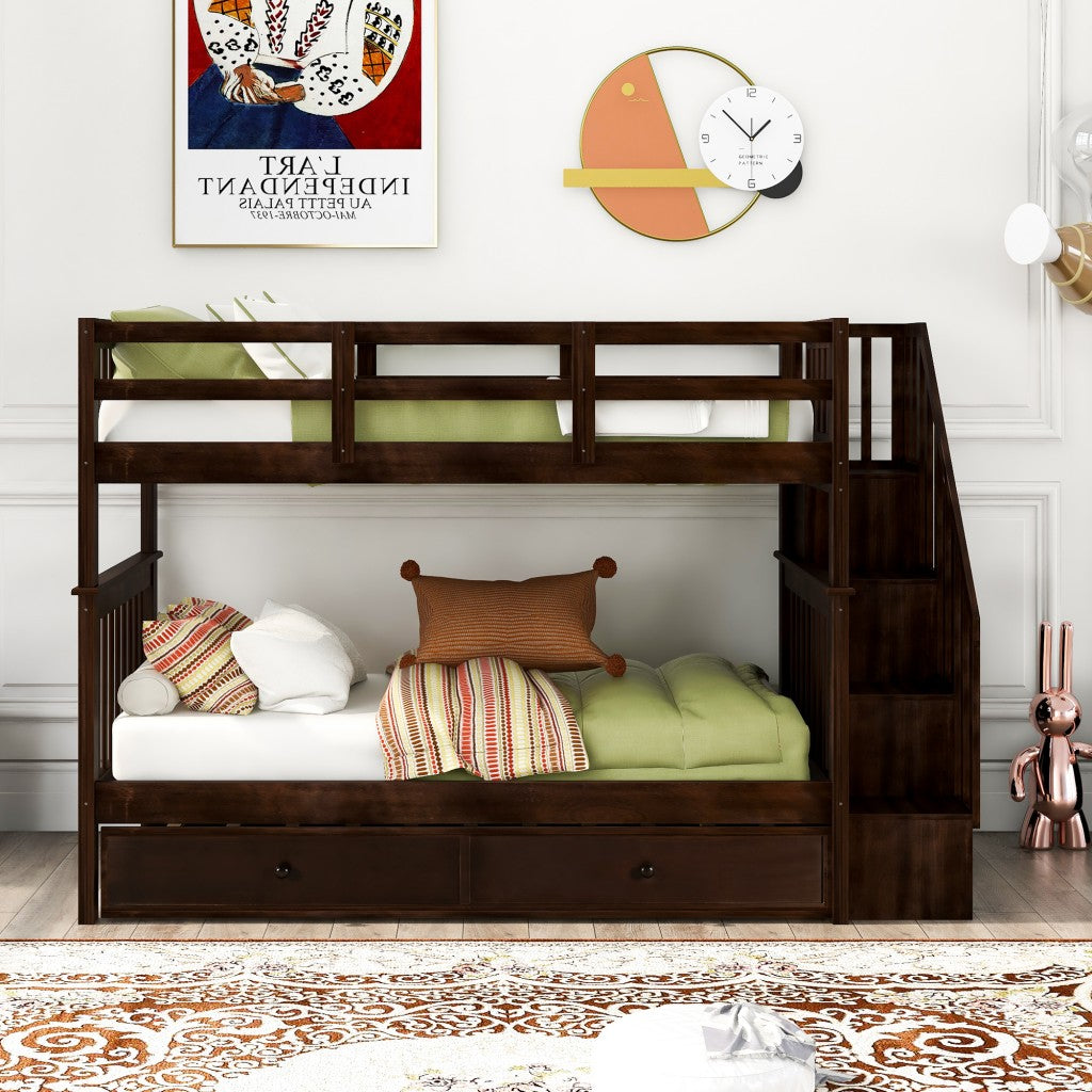 Brown Double Twin Size Stairway Bunk Bed