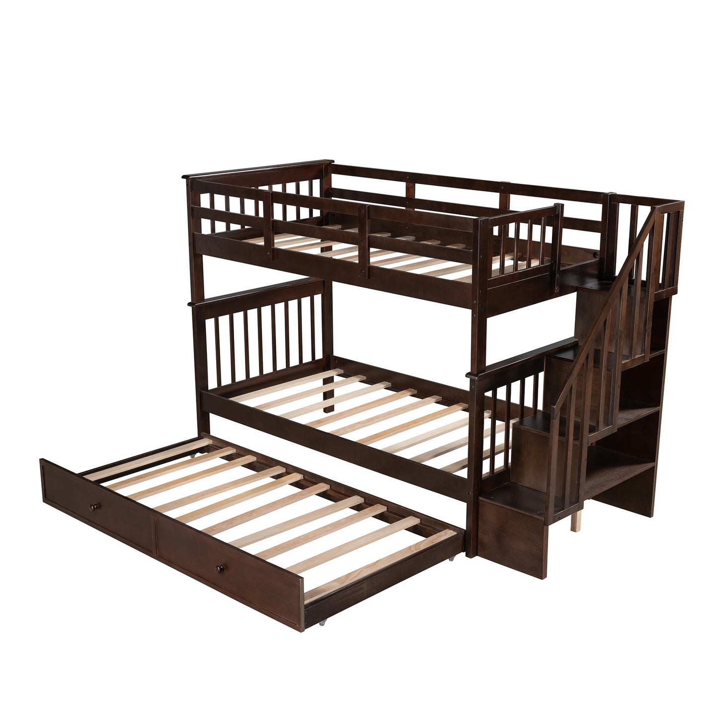 Brown Double Twin Size Stairway Bunk Bed