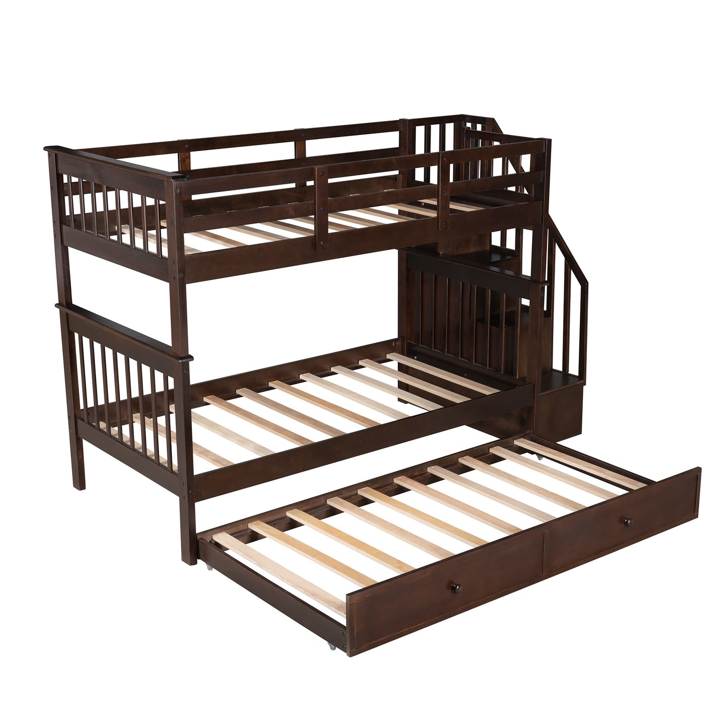 Brown Double Twin Size Stairway Bunk Bed