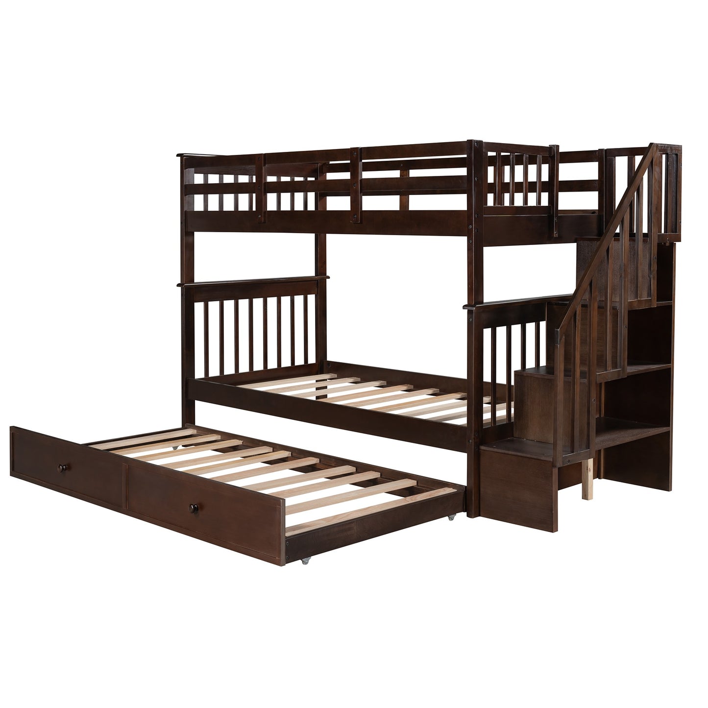 Brown Double Twin Size Stairway Bunk Bed