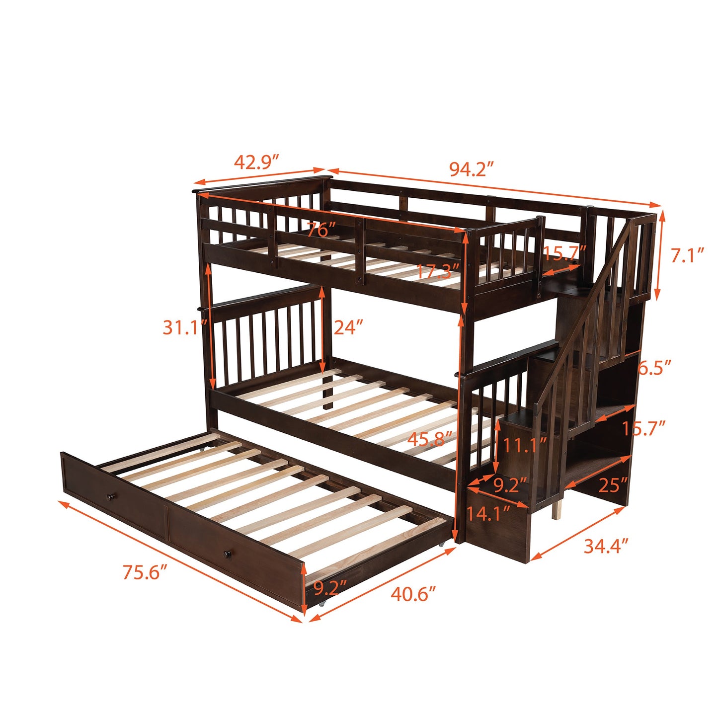 Brown Double Twin Size Stairway Bunk Bed