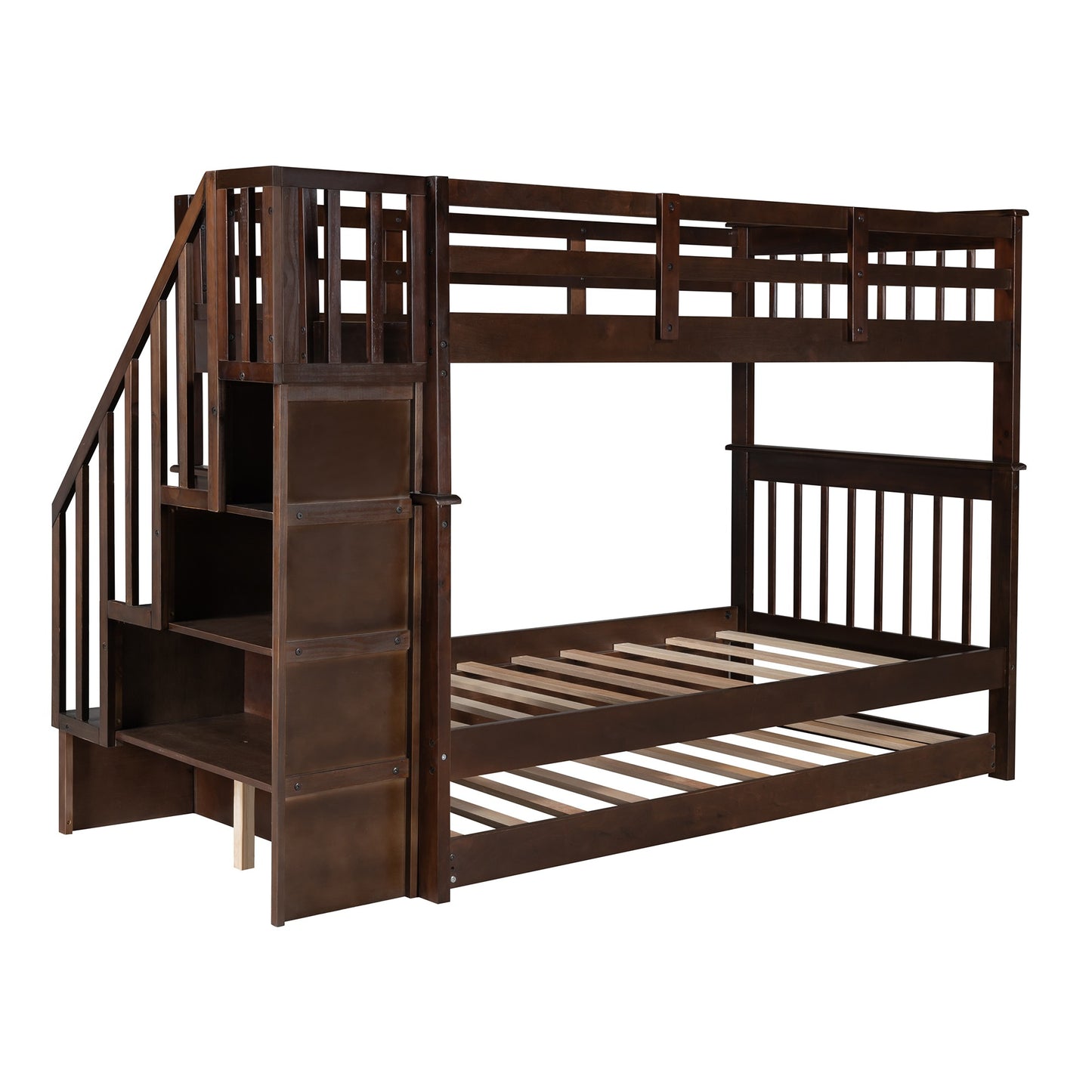 Brown Double Twin Size Stairway Bunk Bed