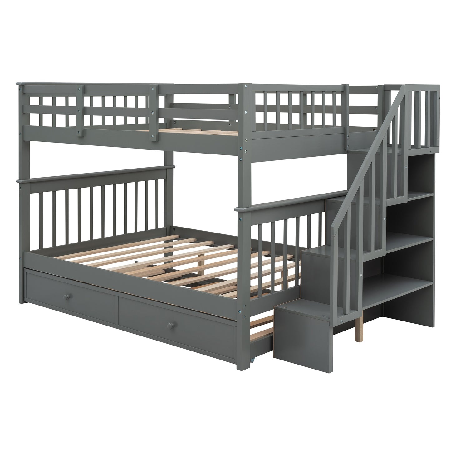 Gray Full Over Full Bunk Bed with Stairway Drawers and Trundle