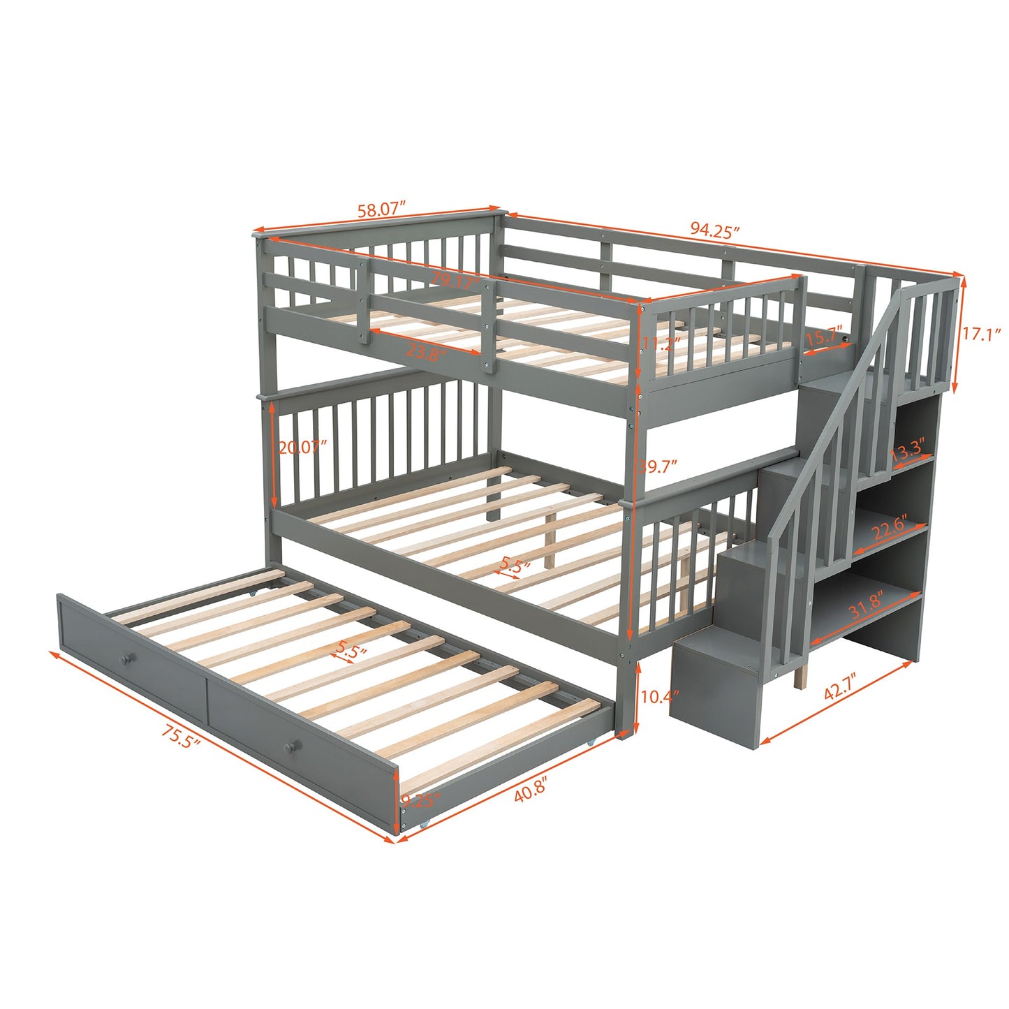 Gray Full Over Full Bunk Bed with Stairway Drawers and Trundle