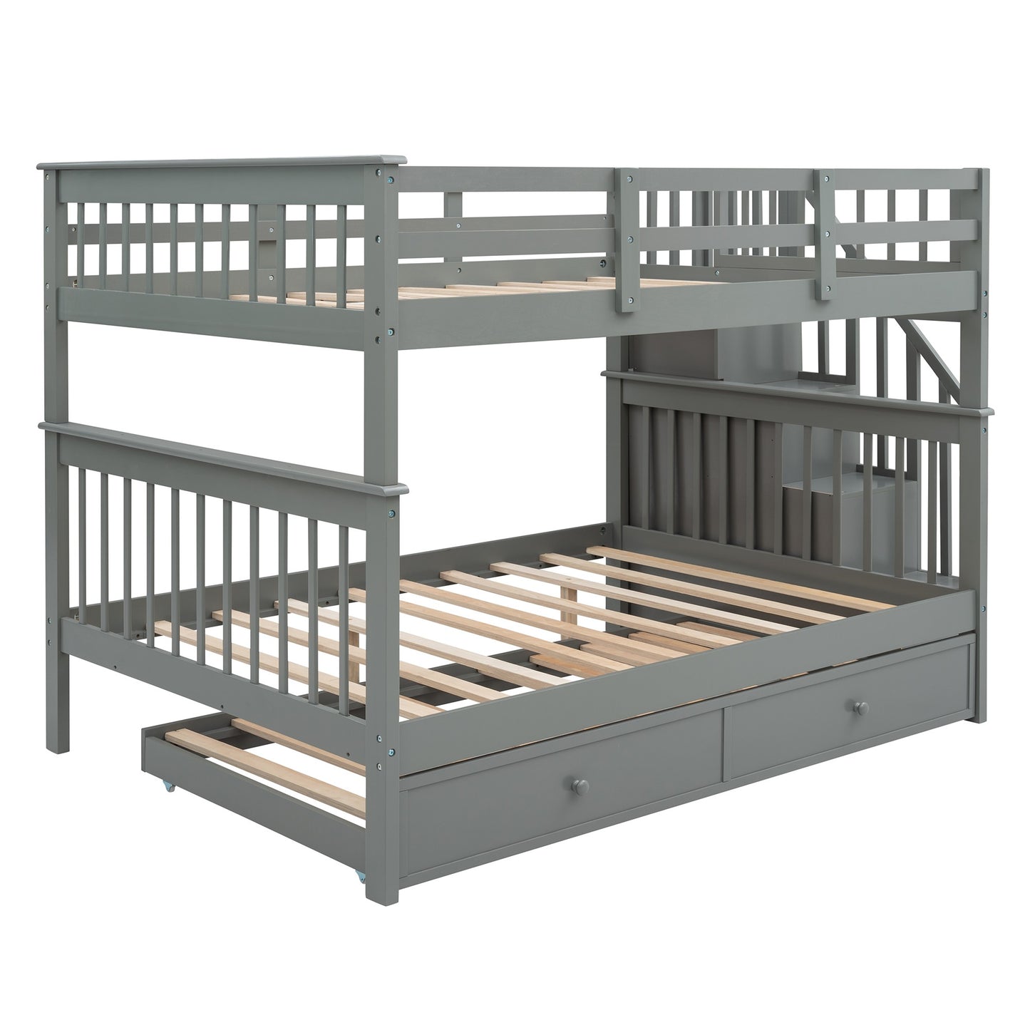 Gray Full Over Full Bunk Bed with Stairway Drawers and Trundle