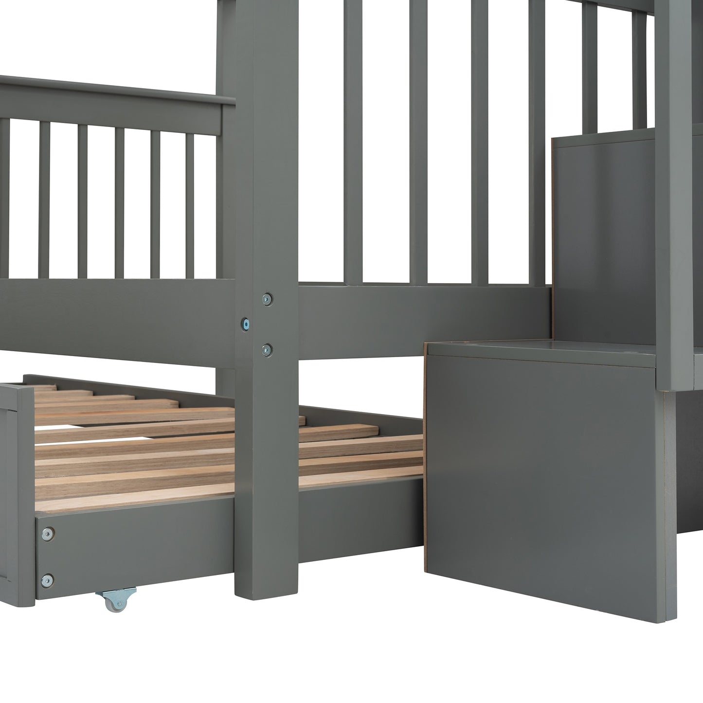 Gray Full Over Full Bunk Bed with Stairway Drawers and Trundle