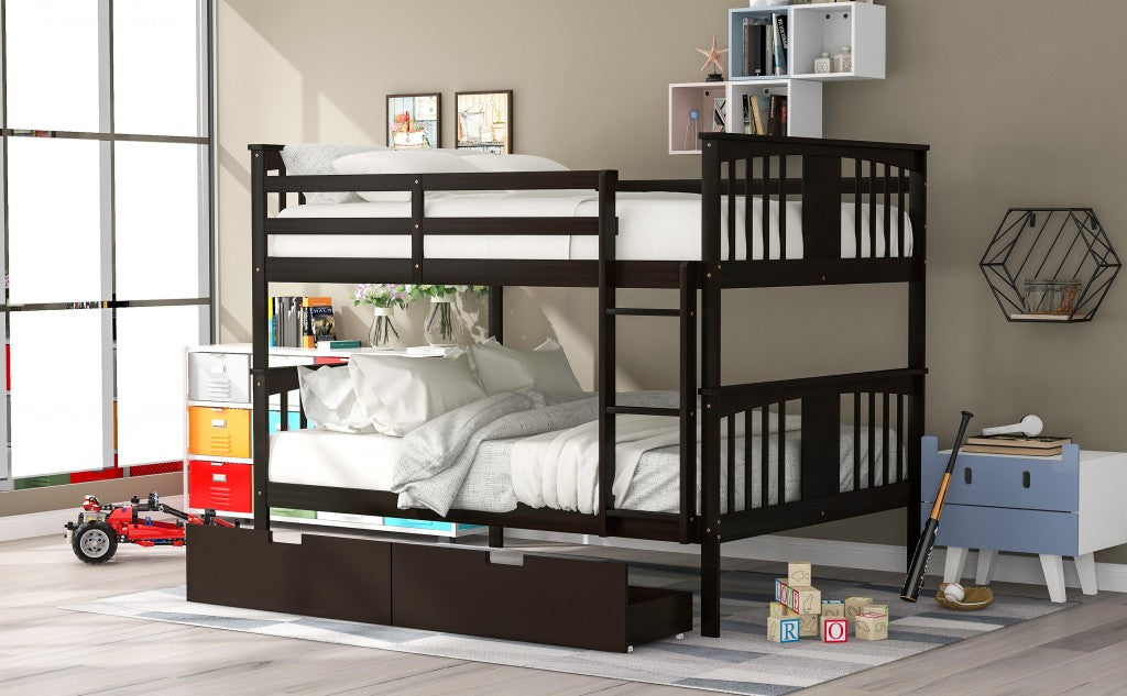 Modern Espresso Full Over Full Bunk Bed with Two Drawers