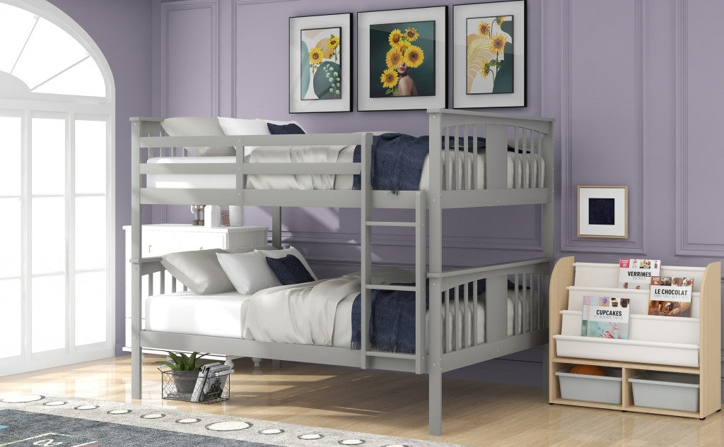 Full over Full Bunk Bed with Ladder for Bedroom, Guest Room Furniture-Gray