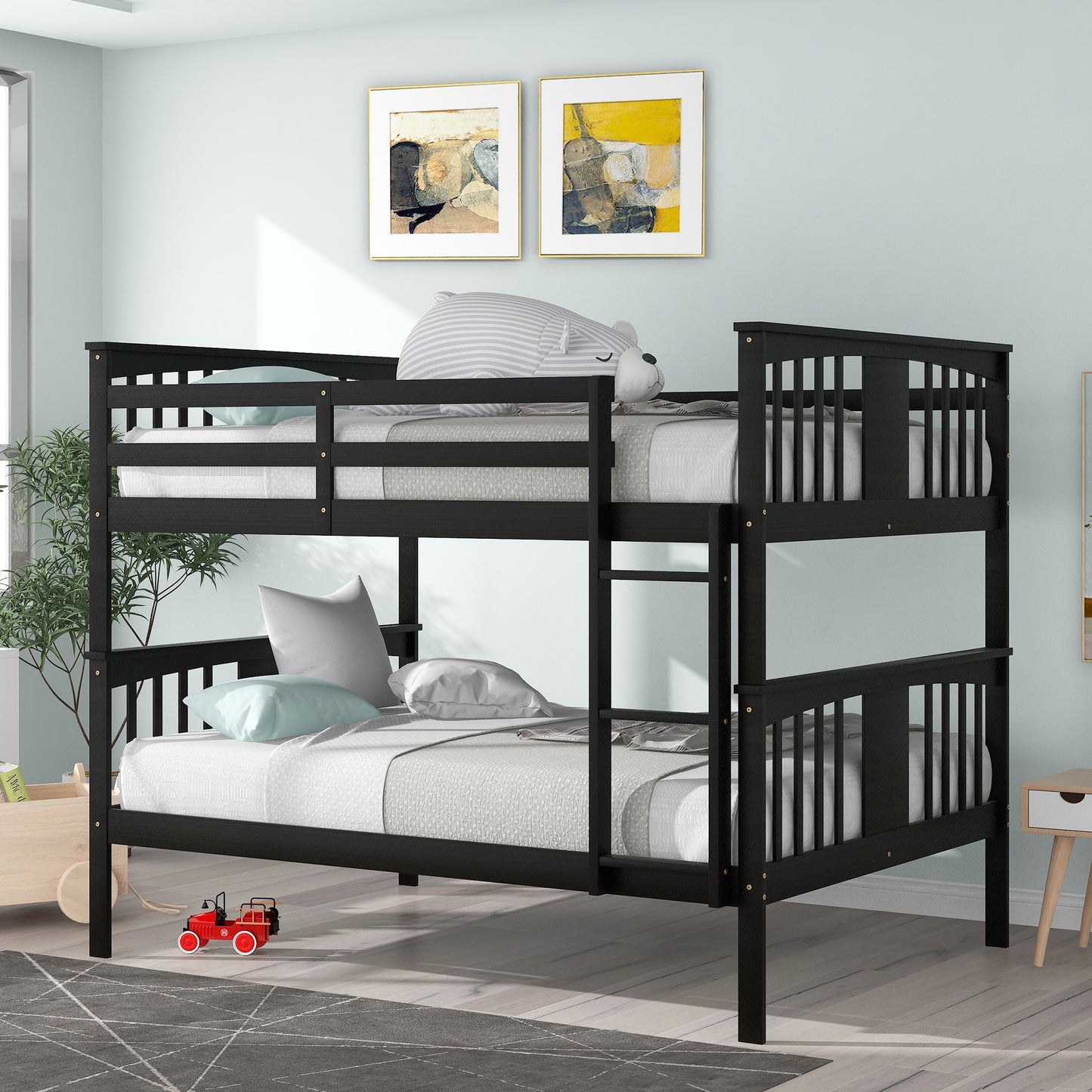 Full over Full Bunk Bed with  Ladder for Bedroom, Guest Room Furniture-Espresso