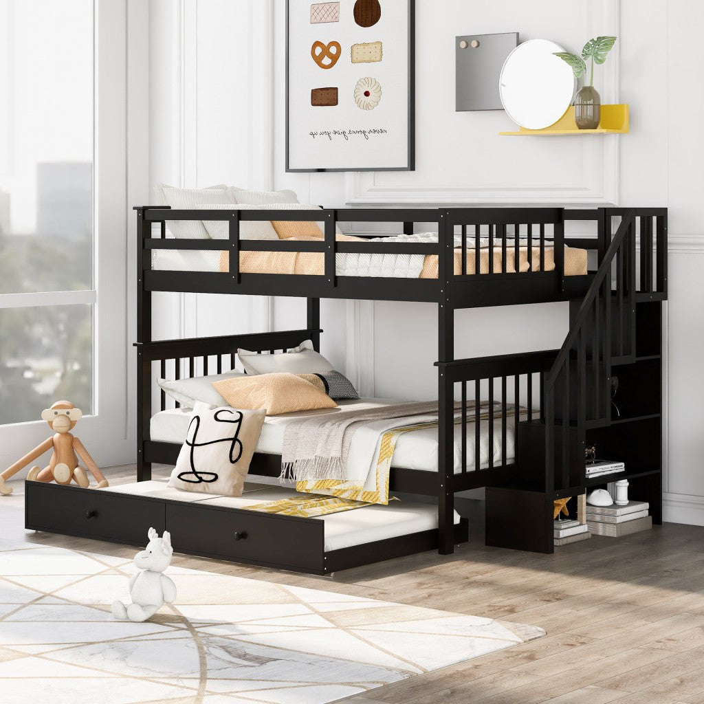 Espresso Full Over Full Bunk Bed with Stairway Drawers and Trundle