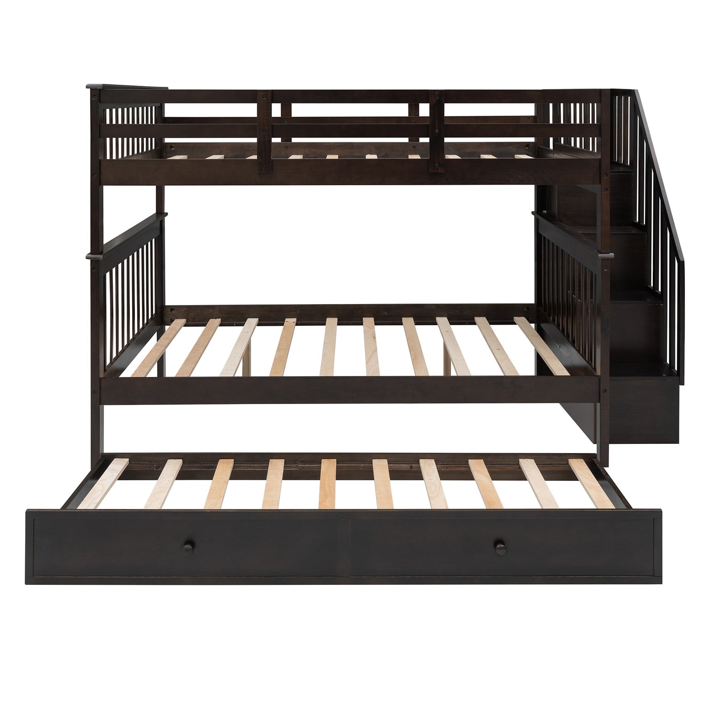 Espresso Full Over Full Bunk Bed with Stairway Drawers and Trundle