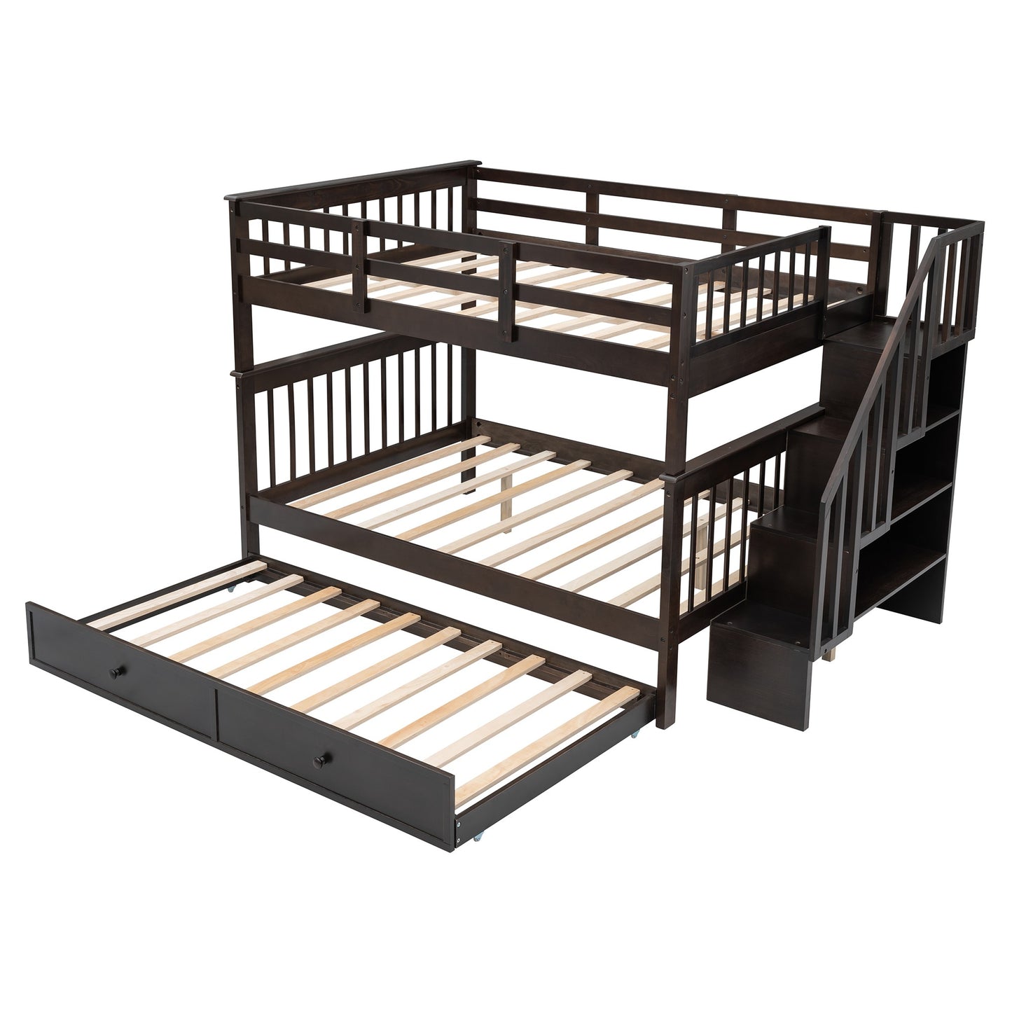 Espresso Full Over Full Bunk Bed with Stairway Drawers and Trundle