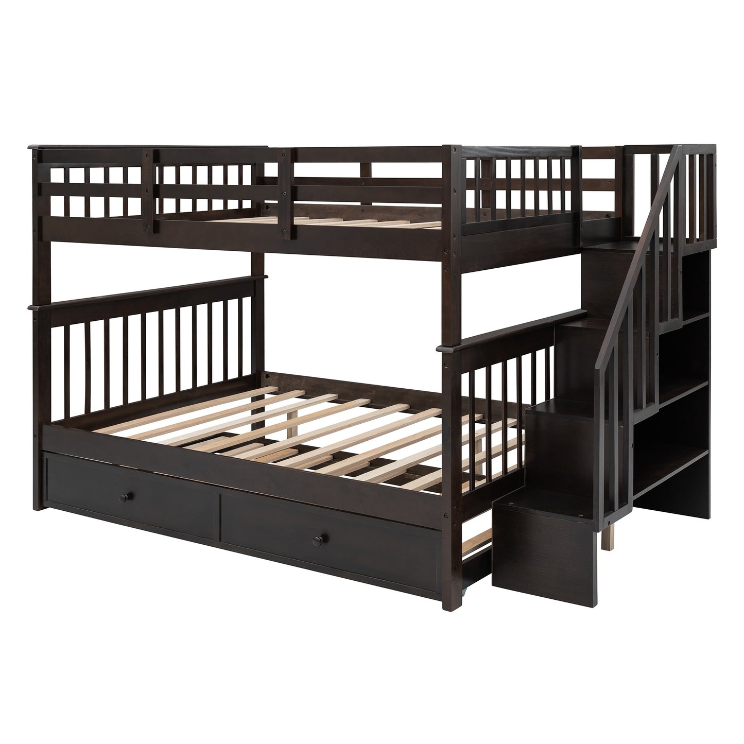 Espresso Full Over Full Bunk Bed with Stairway Drawers and Trundle