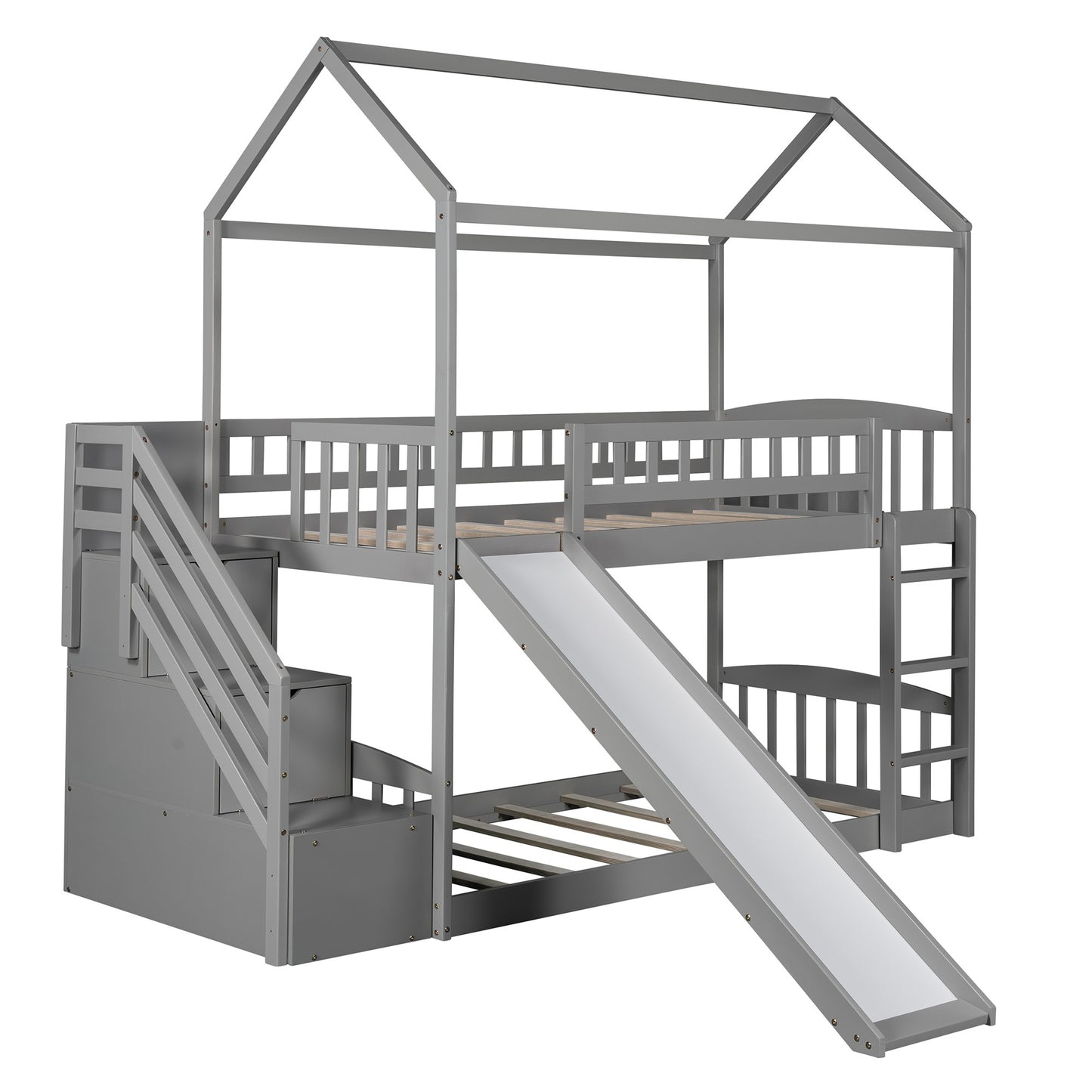 Gray Twin Over Twin Playhouse Styled Bunk Bed