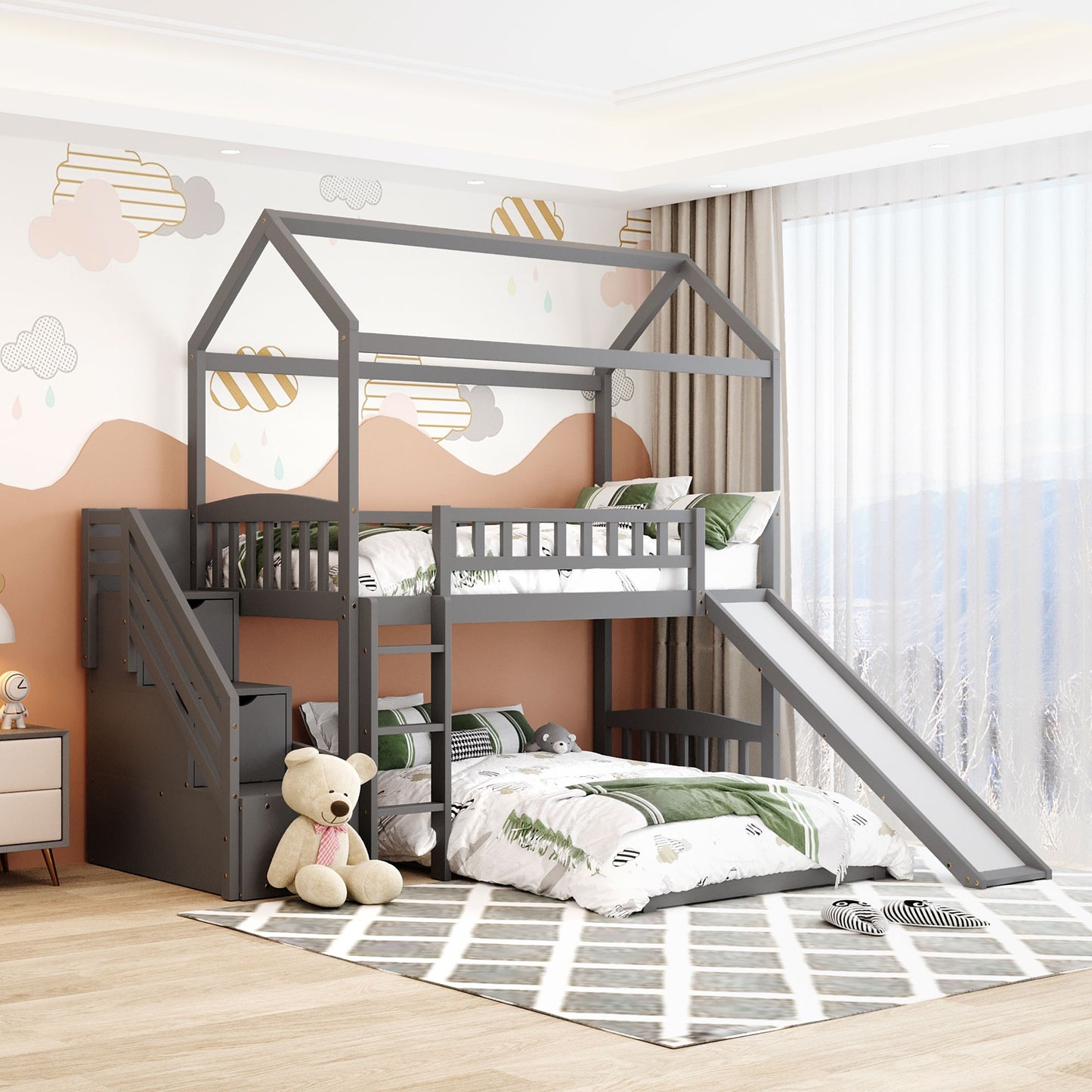 Gray Twin Over Twin Playhouse Perpendicular Bunk Bed with Slide