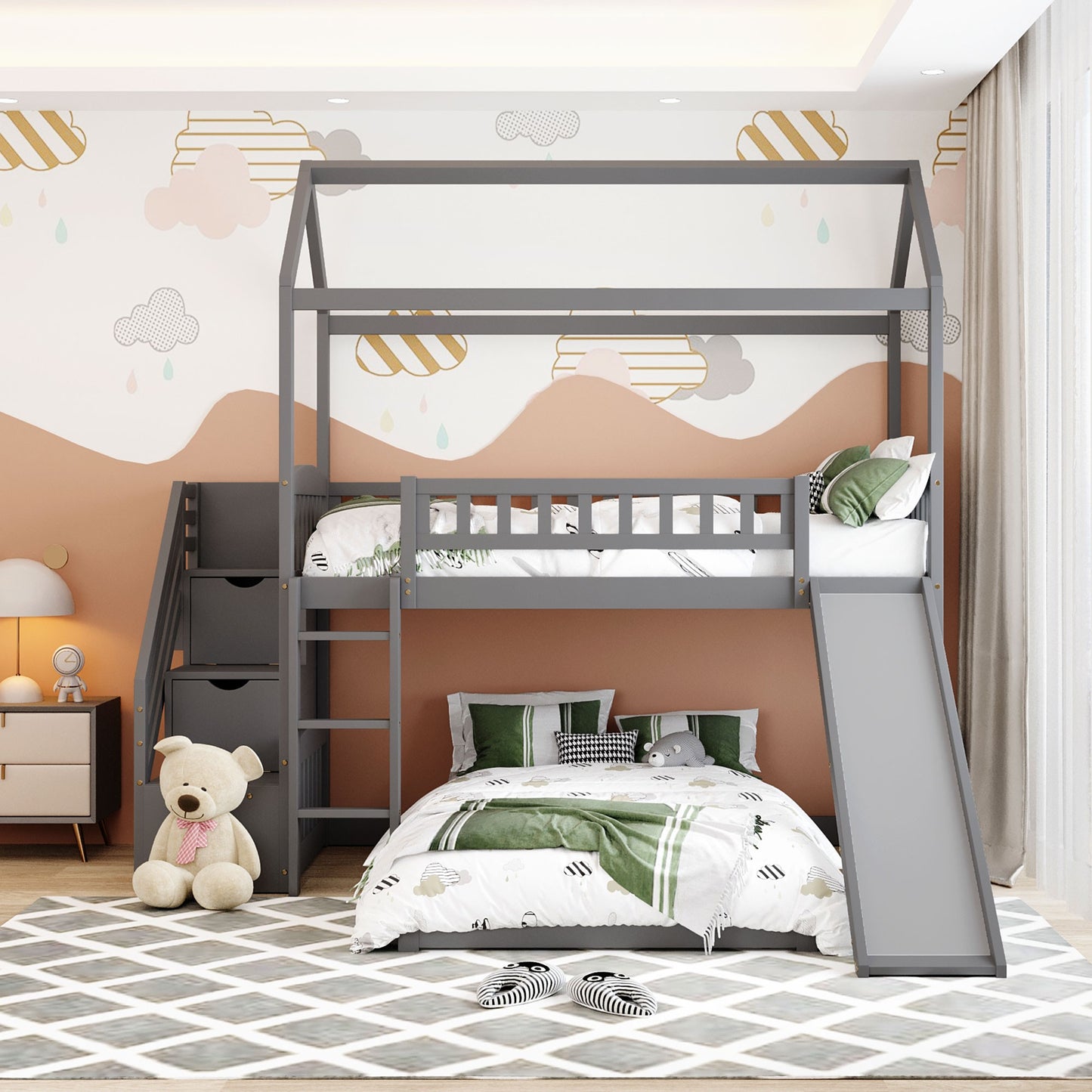 Gray Twin Over Twin Playhouse Perpendicular Bunk Bed with Slide