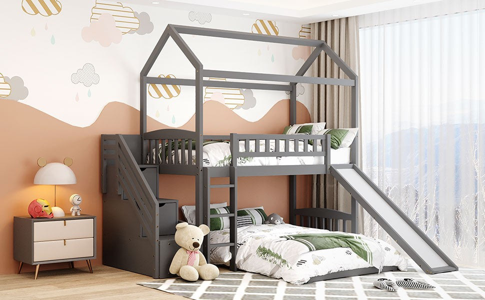 Gray Twin Over Twin Playhouse Perpendicular Bunk Bed with Slide