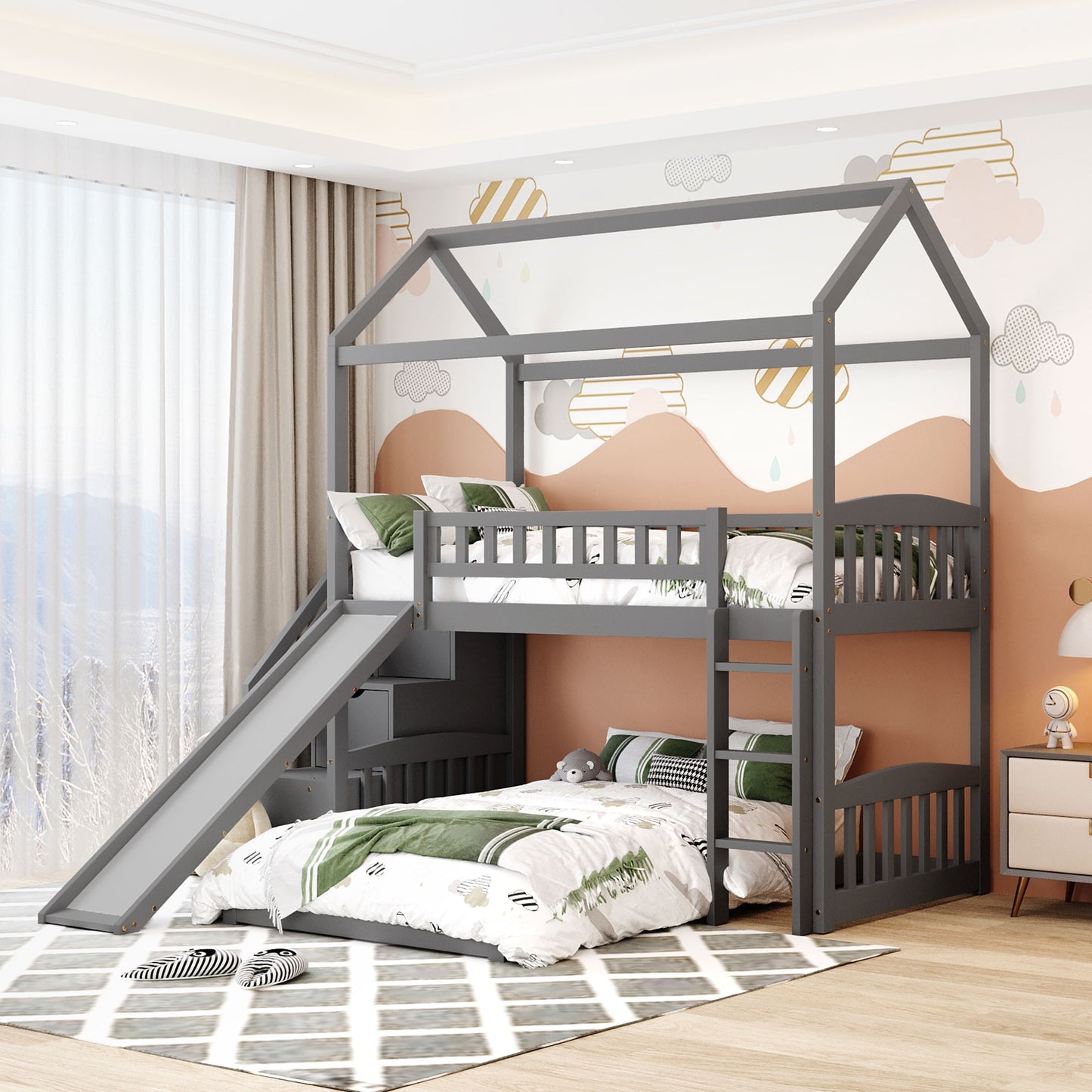 Gray Twin Over Twin Playhouse Perpendicular Bunk Bed with Slide