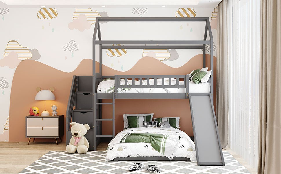 Gray Twin Over Twin Playhouse Perpendicular Bunk Bed with Slide