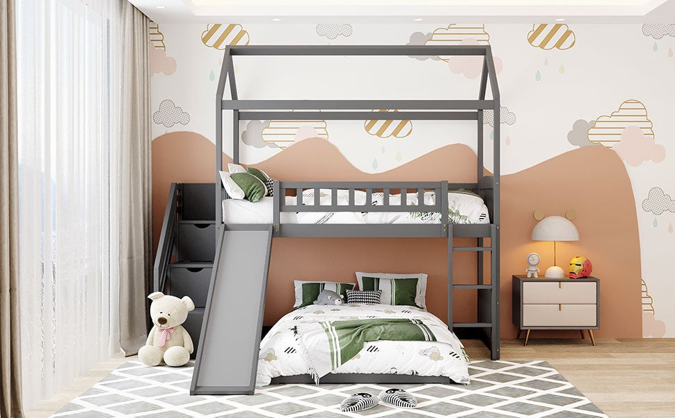 Gray Twin Over Twin Playhouse Perpendicular Bunk Bed with Slide