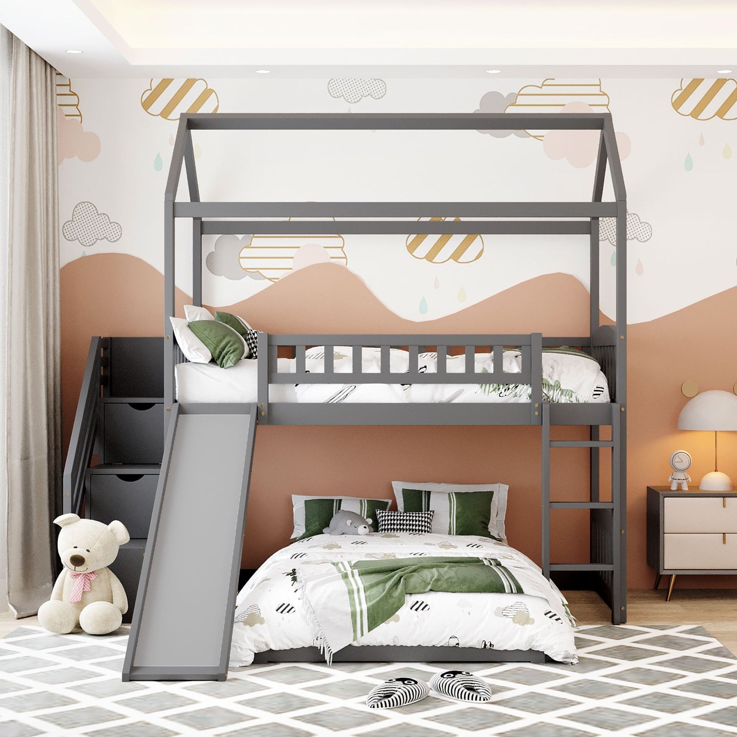 Gray Twin Over Twin Playhouse Perpendicular Bunk Bed with Slide