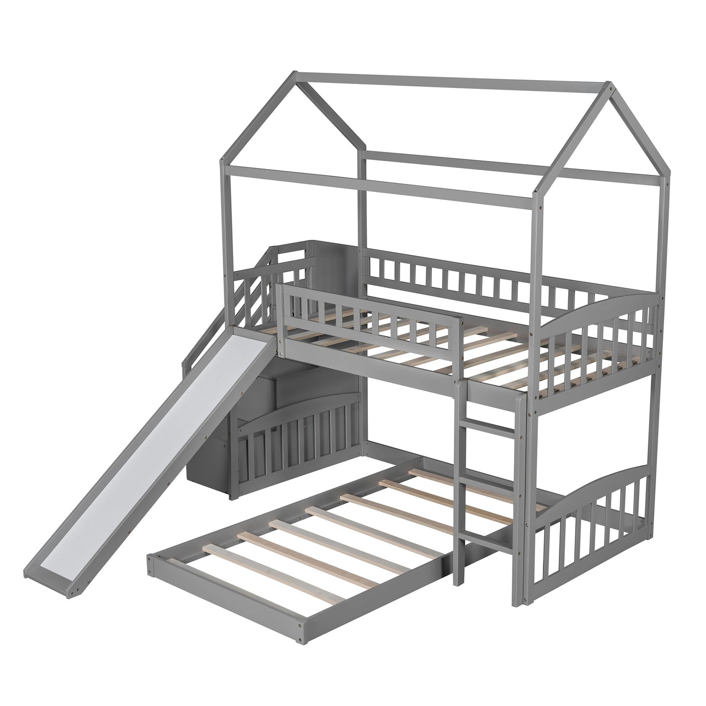 Gray Twin Over Twin Playhouse Perpendicular Bunk Bed with Slide