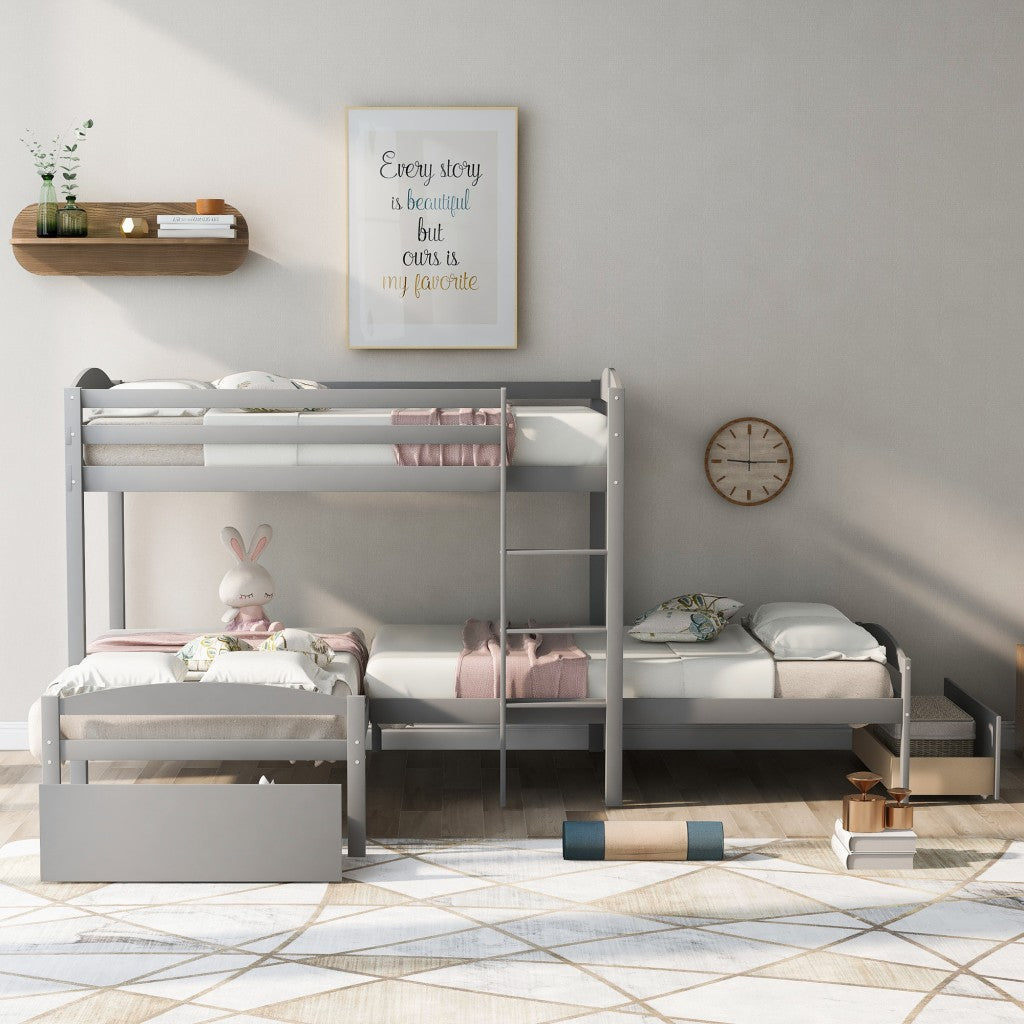 Gray L Shaped Triple Bunk Bed with Drawers