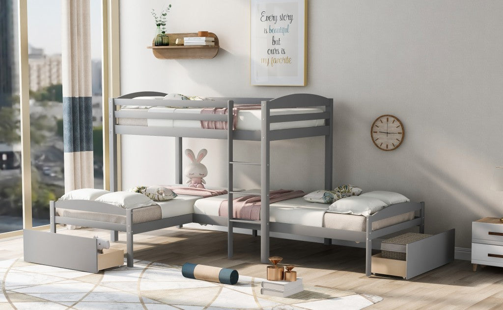 Gray L Shaped Triple Bunk Bed with Drawers