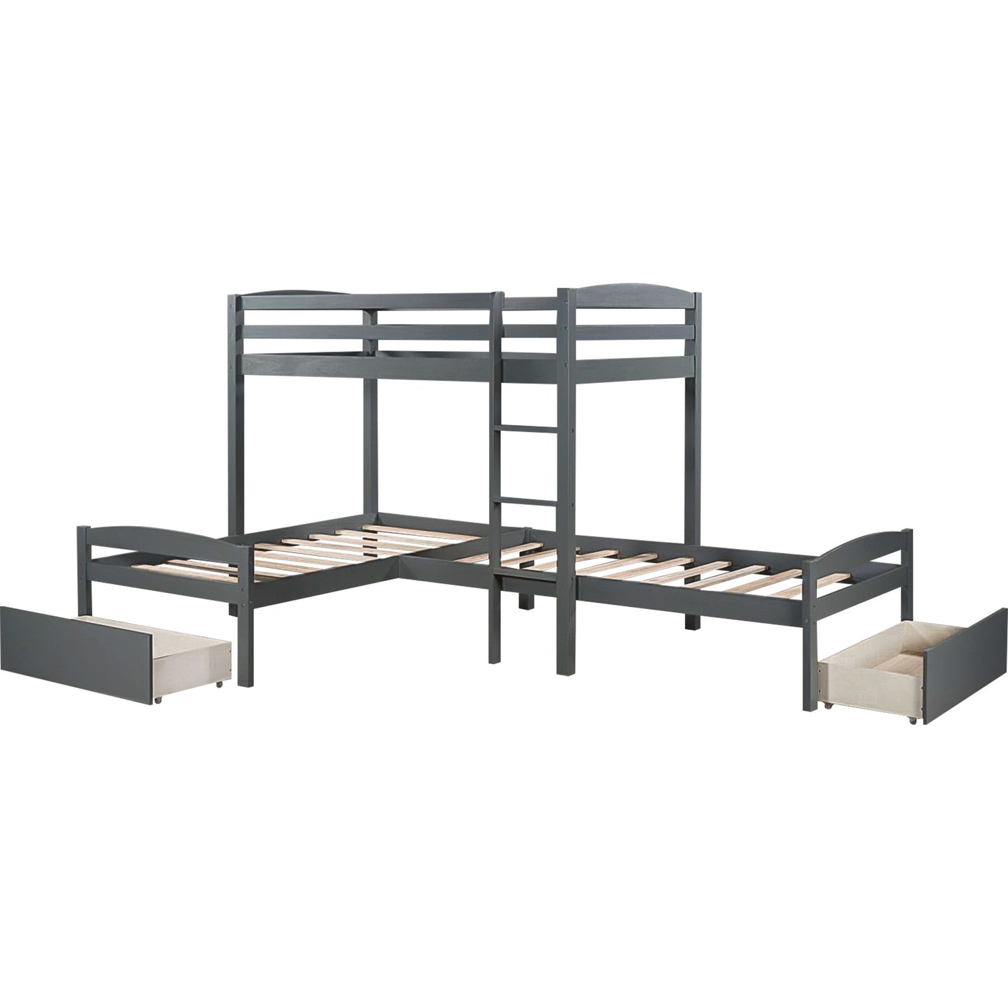 Gray L Shaped Triple Bunk Bed with Drawers