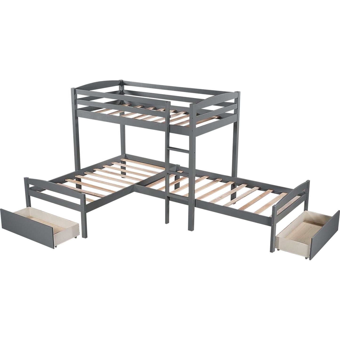 Gray L Shaped Triple Bunk Bed with Drawers