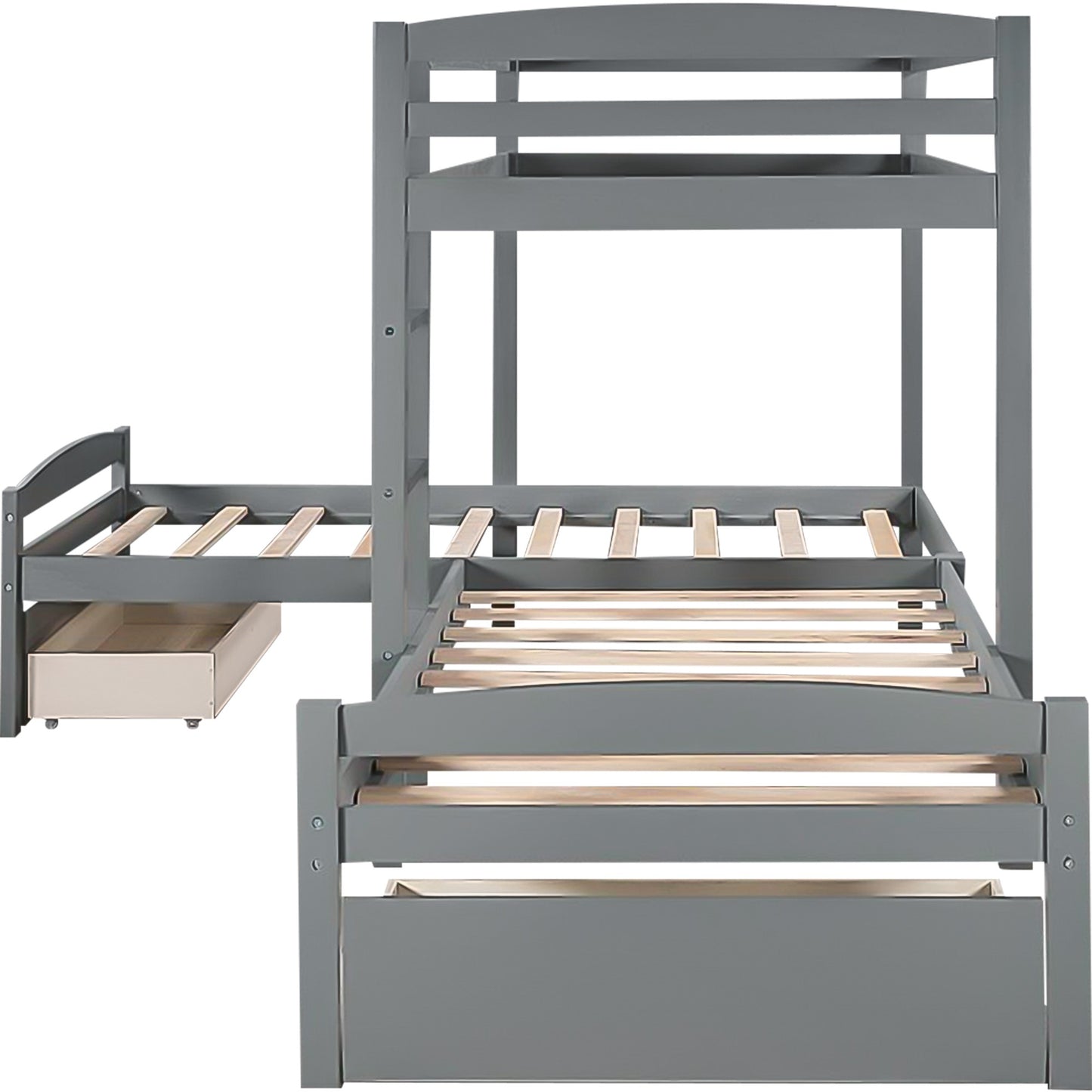 Gray L Shaped Triple Bunk Bed with Drawers