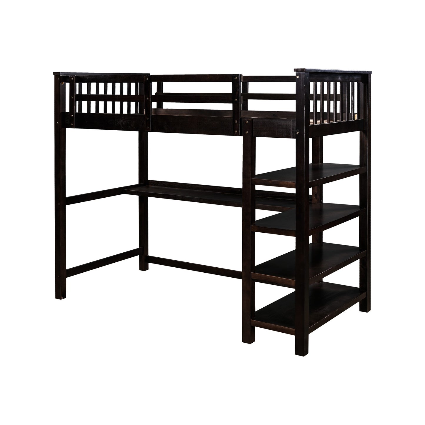 Espresso Twin Size Wood Loft Bed with Storage Shelves and Desk