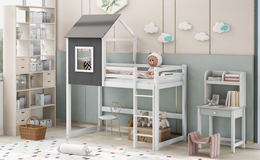 Gray and White Twin Size Loft Bed with House Roof and Window