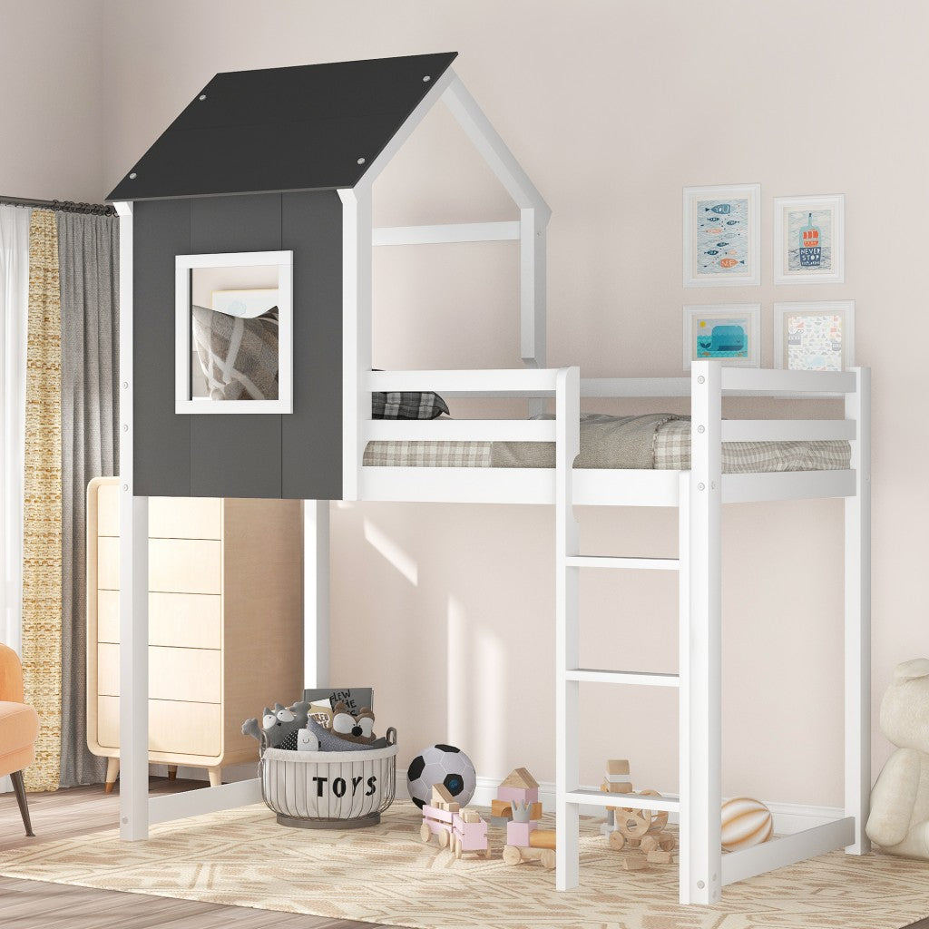 Gray and White Twin Size Loft Bed with House Roof and Window