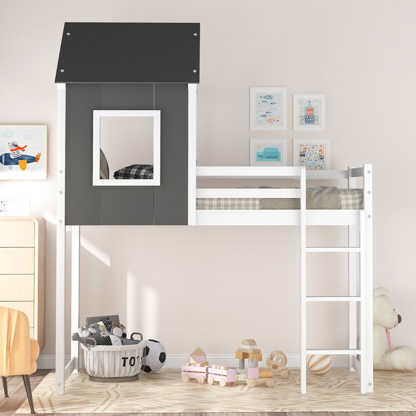 Gray and White Twin Size Loft Bed with House Roof and Window