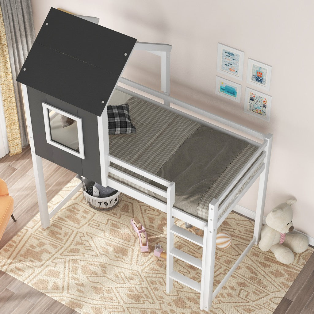 Gray and White Twin Size Loft Bed with House Roof and Window