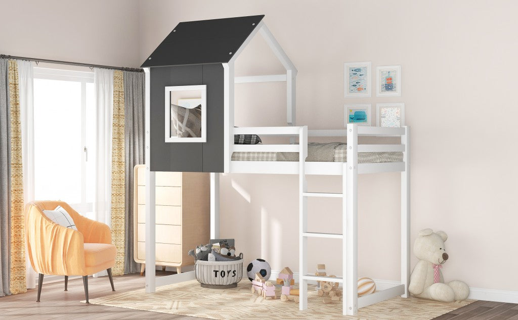 Gray and White Twin Size Loft Bed with House Roof and Window