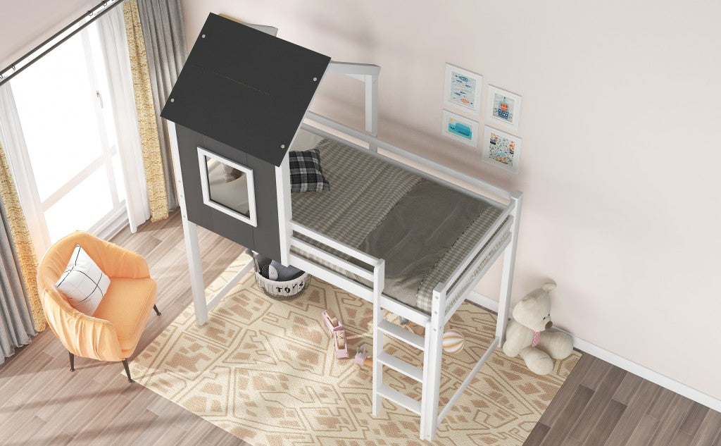 Gray and White Twin Size Loft Bed with House Roof and Window