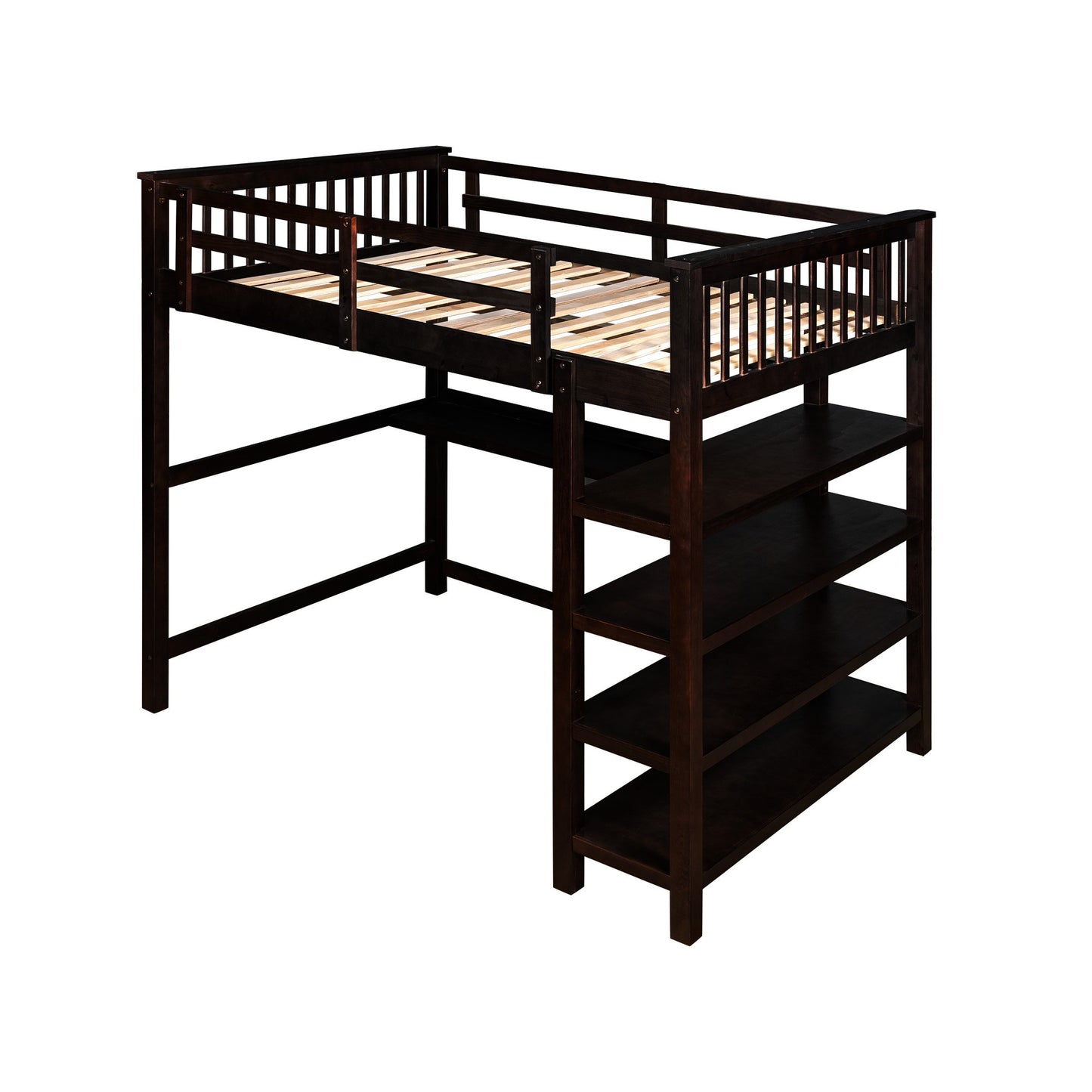 Espresso Full Size Wood Loft Bed with Storage Shelves and Desk