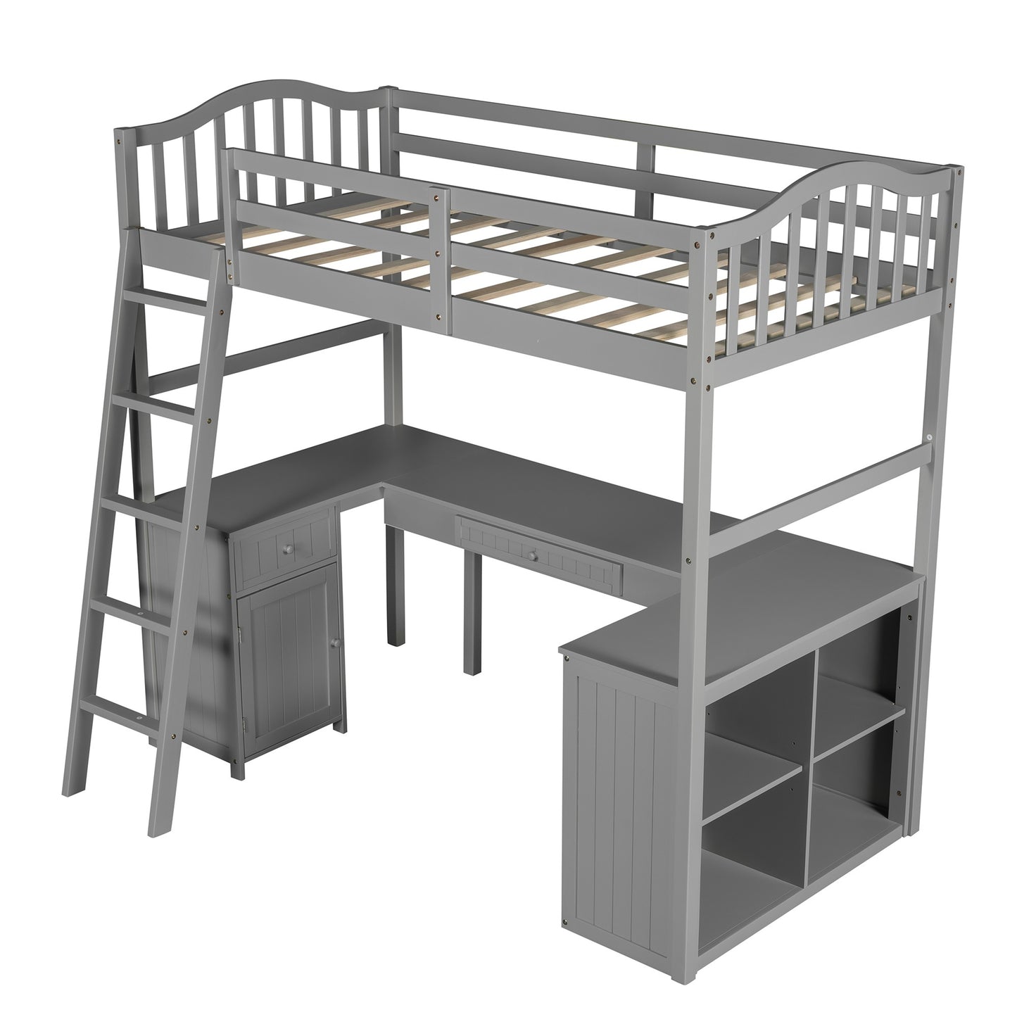 Modern Classic Gray Twin Loft Bed with Book Shelf  Desk and Cabinet