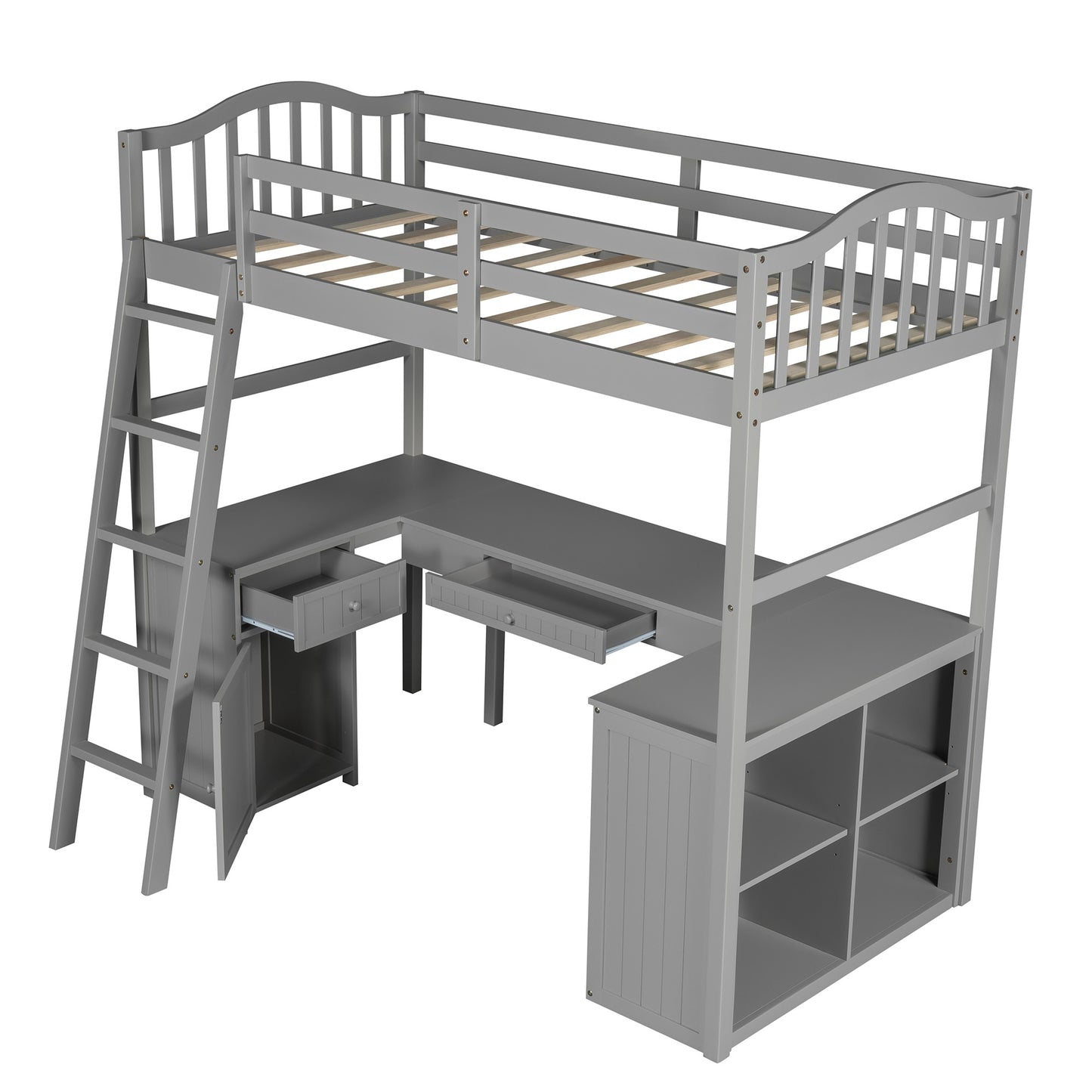 Modern Classic Gray Twin Loft Bed with Book Shelf  Desk and Cabinet