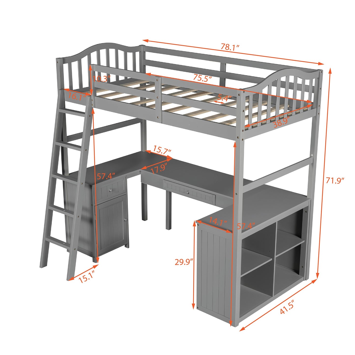 Modern Classic Gray Twin Loft Bed with Book Shelf  Desk and Cabinet