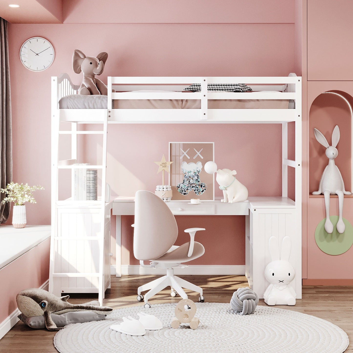 Modern Classic White Twin Loft Bed with Book Shelf  Desk and Cabinet