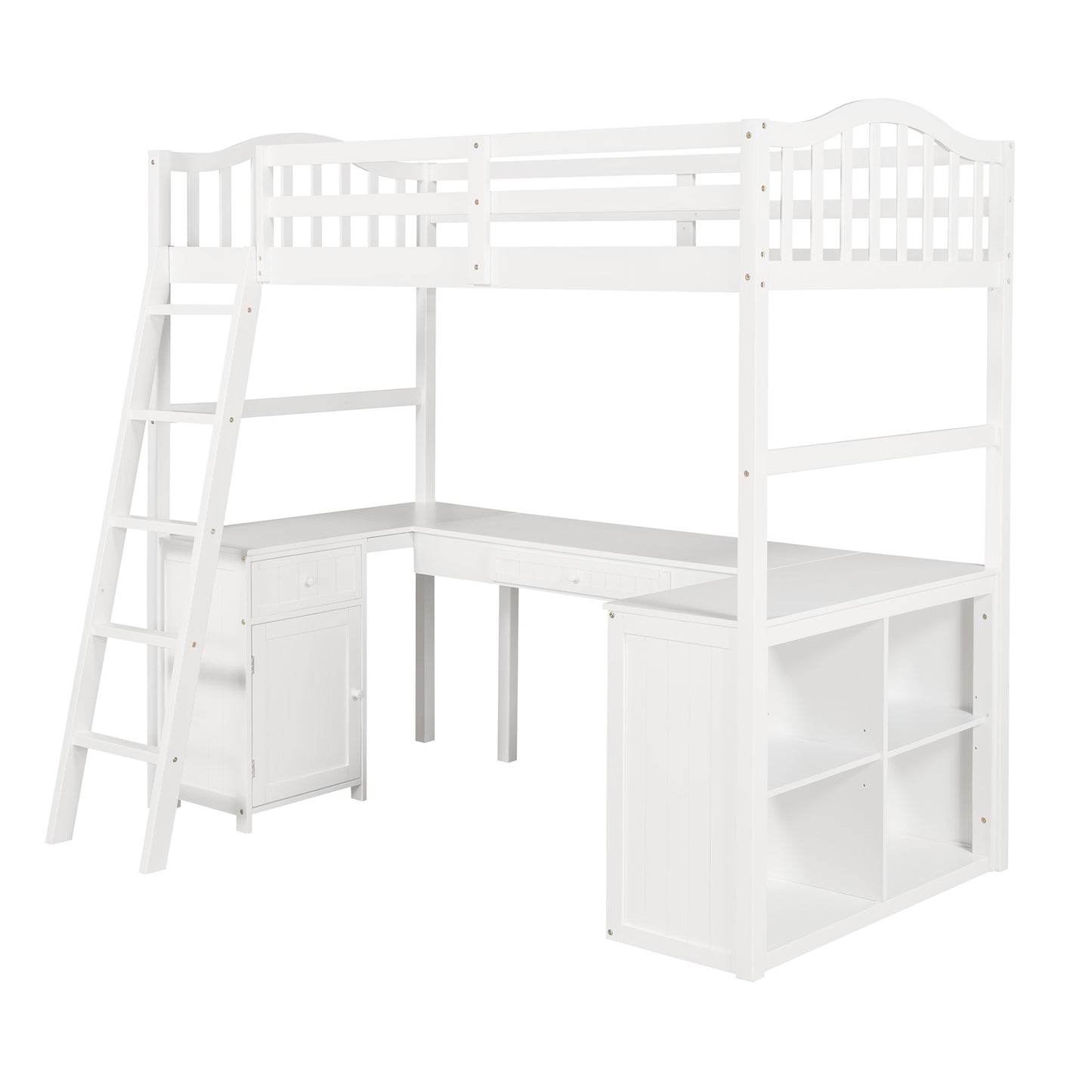 Modern Classic White Twin Loft Bed with Book Shelf  Desk and Cabinet