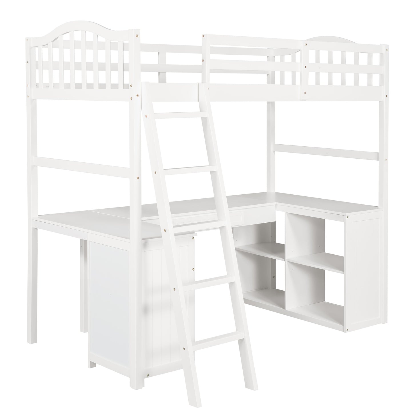 Modern Classic White Twin Loft Bed with Book Shelf  Desk and Cabinet