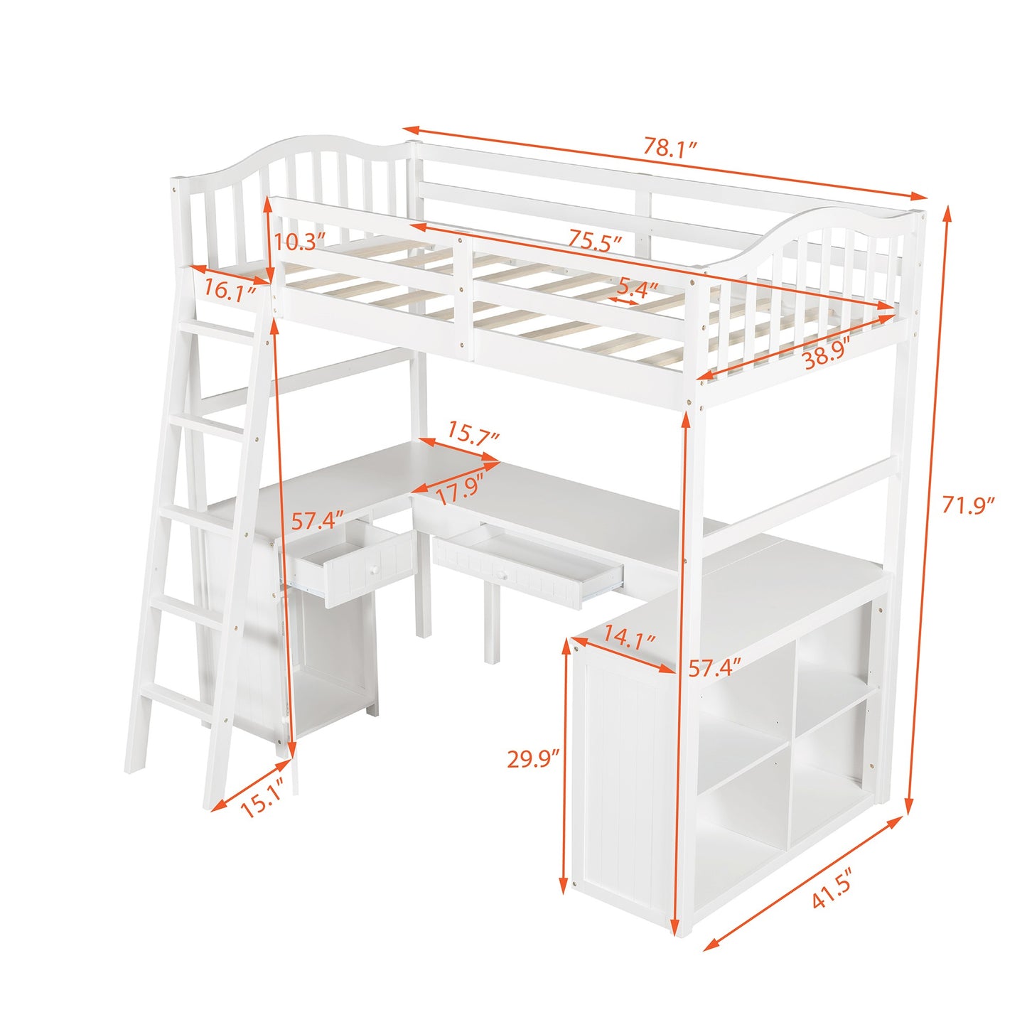 Modern Classic White Twin Loft Bed with Book Shelf  Desk and Cabinet