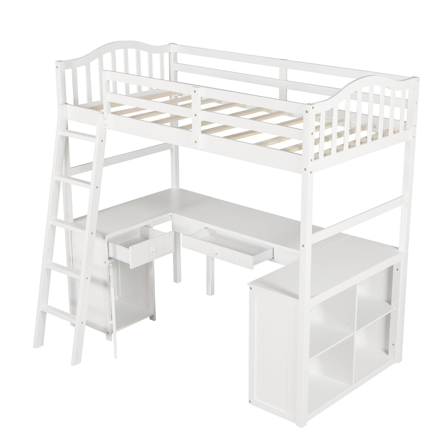 Modern Classic White Twin Loft Bed with Book Shelf  Desk and Cabinet