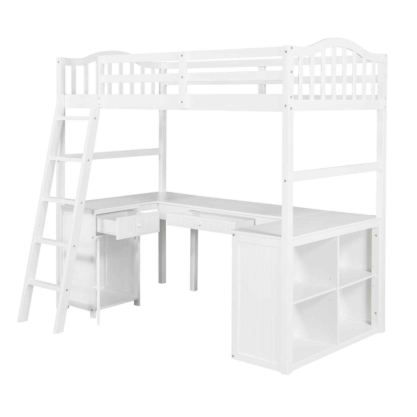 Modern Classic White Twin Loft Bed with Book Shelf  Desk and Cabinet